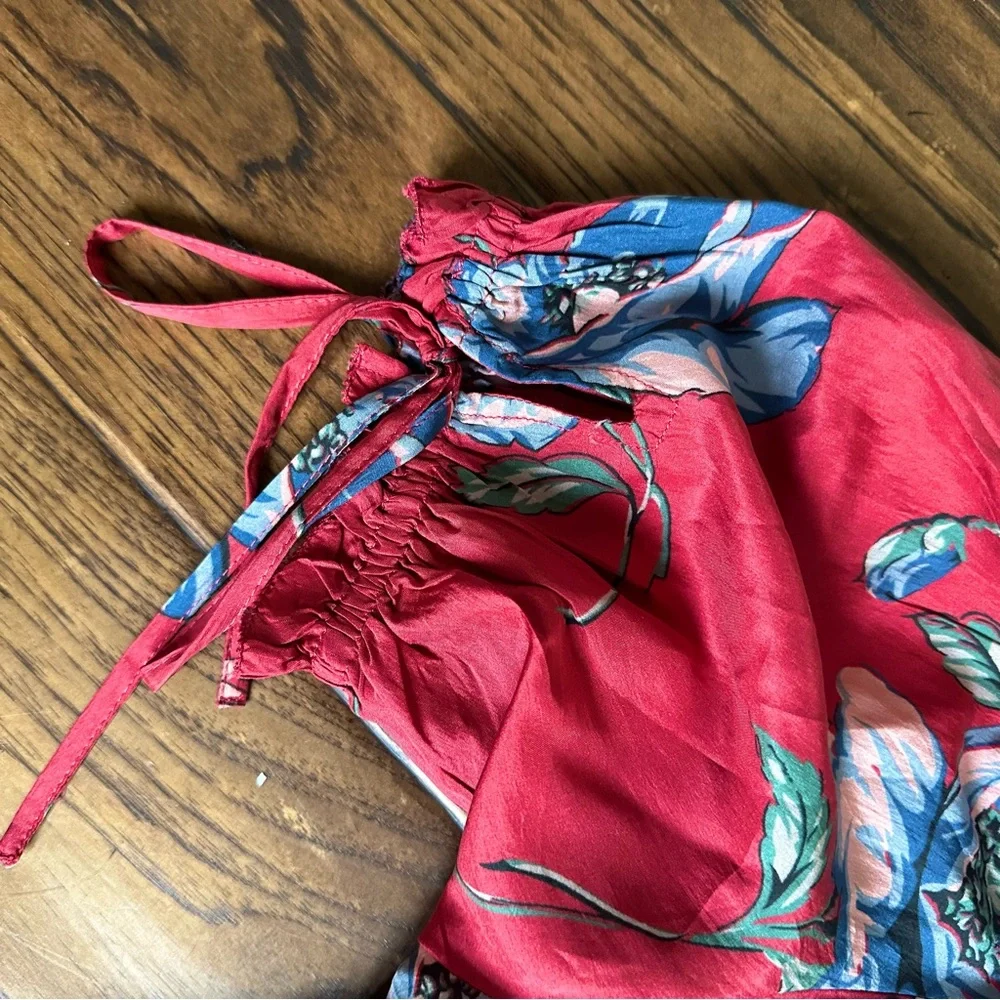 THE GREAT. Red Floral Puff-Sleeve silk Blouse - Picture 8 of 10